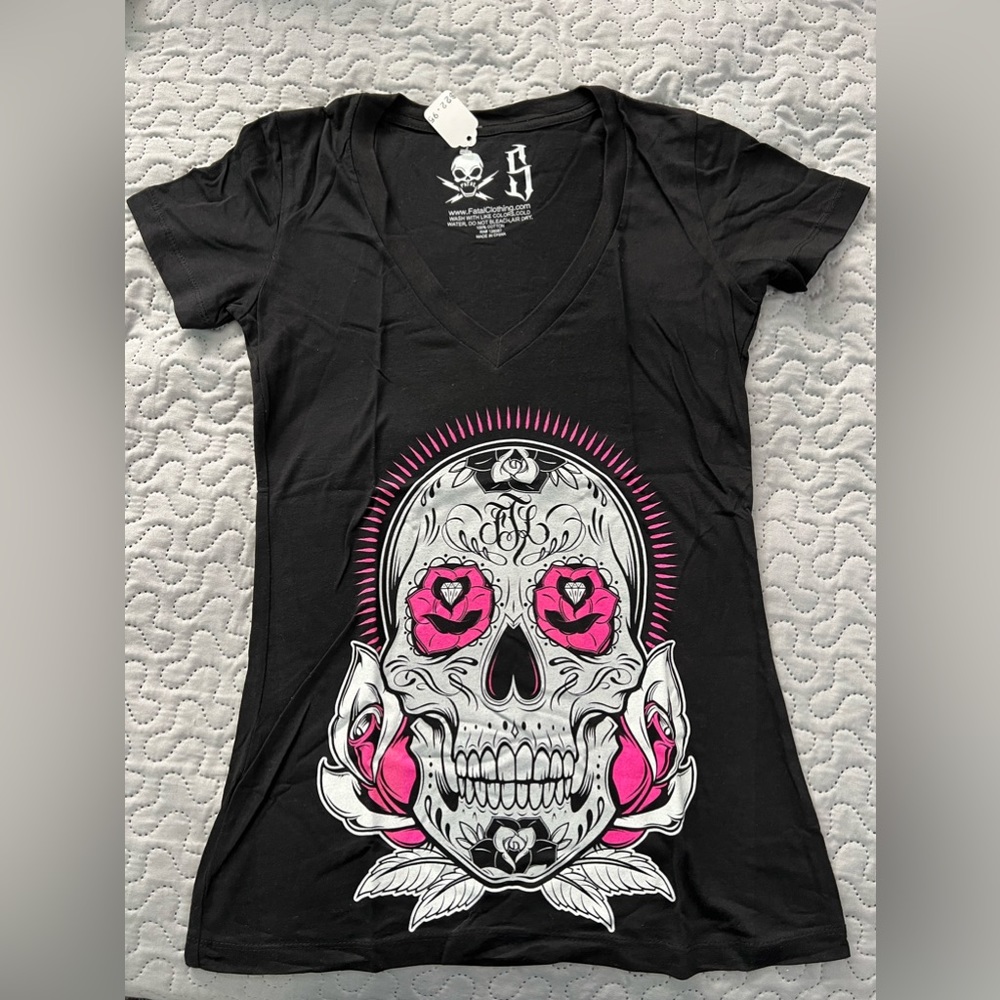 Fatal clothing sugar skull tattoo Top tee shirt small black v-neck